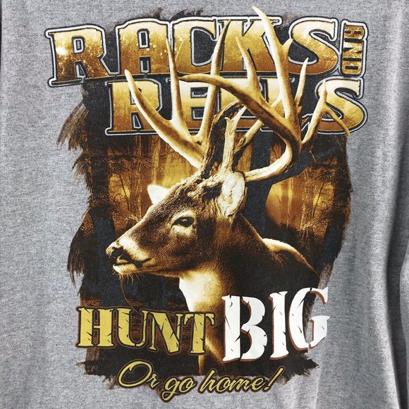 Racks And Reels T-Shirt Adult Large Gray Hunting Deer Buck Men Long Sleeve Hunt - Picture 1 of 7